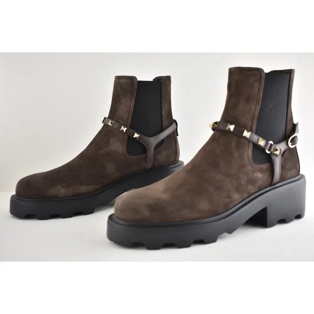 Valentino Rockstud Beatle Brown Suede 55mm Short Ankle Flat Chelsea Boot 38.5